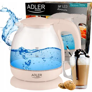 Rychlovarná konvice RYCHLOVARNÁ KONVICE SKLENĚNÁ BEZDRÁTOVÁ 1L 1100W ADLER AD1283 BÉŽOVÁ