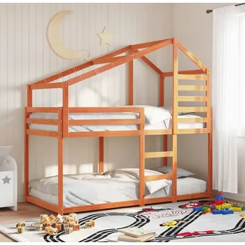 Dětská postel vidaXL Patrová postel se střechou 90x200 cm borové dřevo [3281971] Barva: Voskově hnědá