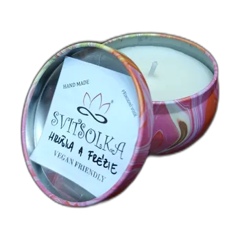 Svíčka Svitsolka Hruška-frézie – ručně vyráběná svíčka v plechové dó...