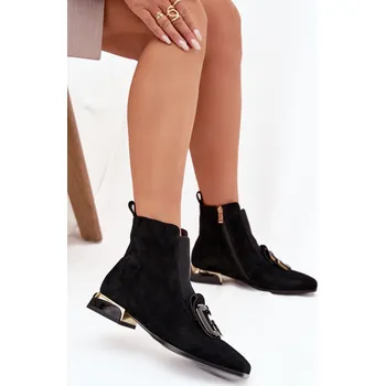 Dámské kozačky Kožené semišové dámské kotníky na nízkém podpatku s ozdobou D&A MR52-217 Barva: Černá, Velikost: 38