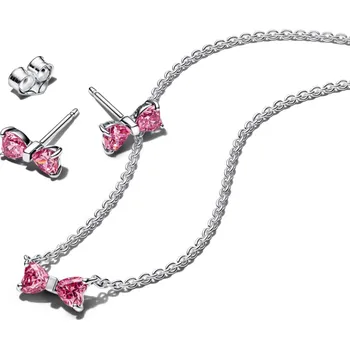 Náhrdelník PANDORA SET náhrdelníku a náušnic Třpytivá růžová mašlička