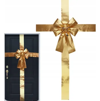 Vánoční dekorace Mašle na dveře zlatá velká 33x42 cm, ozdobná vánoční XXL, dlouhá 4,3 m