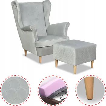 Křeslo Křeslo ušák Angelo s podnožkou, skandinávský styl Family Meble, světle šedé