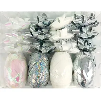 Sada na balení dárků stříbrná, rozeta 5 x 2 x 5 cm 12 ks, stuha 0,5 cm x 10 m 4 ks