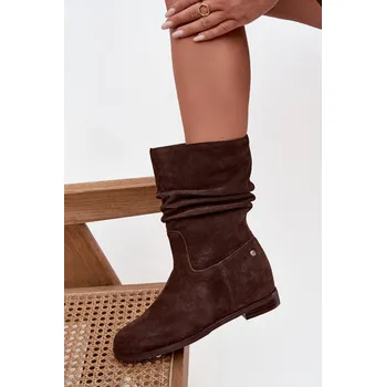 Dámské kozačky Kožené semišové dámské kotníky s řasením vyhřívané Maciejka K7211-02 Barva: Béžová, Velikost: 38