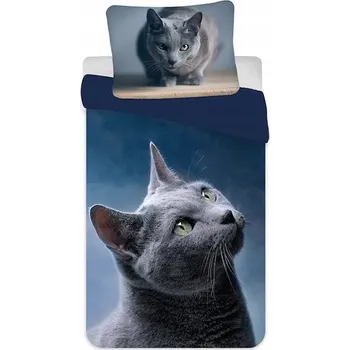 Povlečení Povlečení z mikrovlákna 140x200 Kočka, tmavě modrá šedá, povlak na polštář 70x90