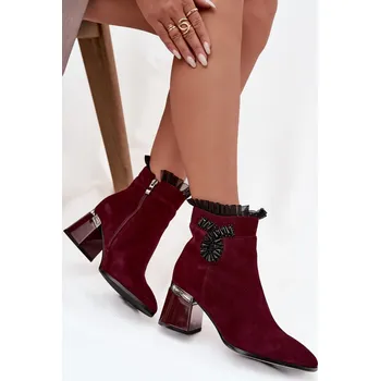 Dámské kozačky Semišové kožené dámské kotníkové boty na podpatku s ozdobou vyhřívané D&A MR52-127 Barva: Červená, Velikost: 39