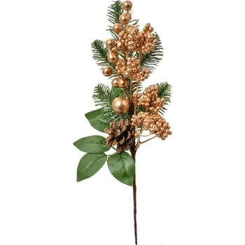 Vánoční dekorace Clayre & Eef Vánoční zeleno-zlatá umělá větvička s bobulemi - 10*5*33 cm Zlatá