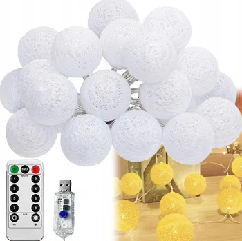 Vánoční dekorace SVĚTELNÝ ŘETĚZ COTTON BALLS 20 Teplá bílá KOULE LED USB