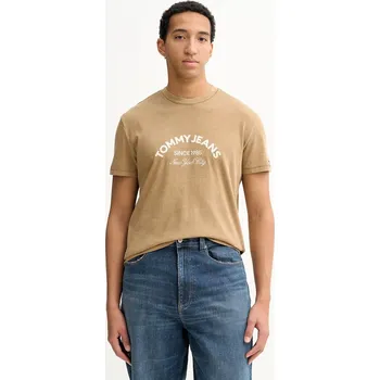 Pánské tričko Bavlněné tričko Tommy Jeans pánské, hnědá barva, s aplikací, DM0DM22328 82X, vel. S