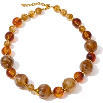 Náhrdelník B-TOP Dámský náhrdelník z pryskyřičných korálků v hnědých tónech se zlatými detaily