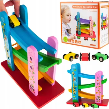 Dřevěná hračka AUTODRÁHA DŘEVĚNÁ SJEZDOVKA PRO AUTA + 3 AUTÍČKA