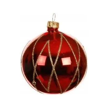 Vánoční dekorace Vánoční Koule skleněná červená zdobená zlatými linkami 8 cm