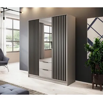 Šatní skříň SOREN 3D KAŠMÉROVÁ SKŘÍŇ 200CM OTEVÍRACÍ VELKÉ POLICE KOLÍČKOVÉ ZRCADLO