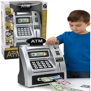 Pokladnička Lebula ATM trezor interaktivní pin bankovky stříbrná a černá