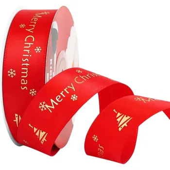 Balící papír Červená vánoční dekorativní stuha 2,5 cm x 5 metrů s vánočním motivem a zlatým potiskem pro balení dárků a sváteční výzdobu