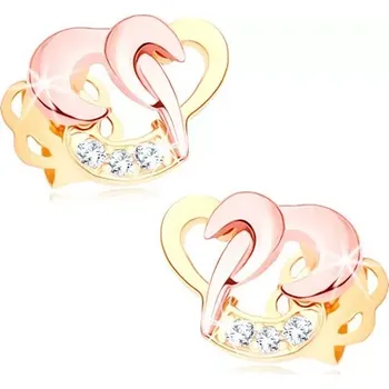 Náušnice Zlaté briliantové náušnice 585 - propojené kontury srdcí, čiré diamanty