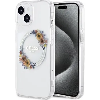 Pouzdro na mobilní telefon Guess PC/TPU Flowers Ring Glossy Logo MagSafe Zadní Kryt pro iPhone 15 Plus Transparent