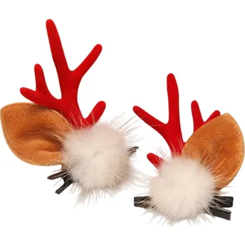Vánoční dekorace Vánoční sponky do vlasů Sobí parohy s chlupatou bambulkou a oušky Roztomilý doplněk pro Vánoční účes a zimní sváteční období červená