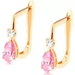 Náušnice ve žlutém 14K zlatě - zirkonek čiré barvy a růžová zirkonová kapka