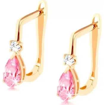 Náušnice Náušnice ve žlutém 14K zlatě - zirkonek čiré barvy a růžová zirkonová kapka