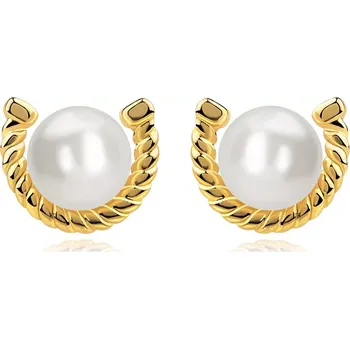 Náušnice Puzetové náušnice ze žlutého zlata 585 - podkova, sladkovodní perla