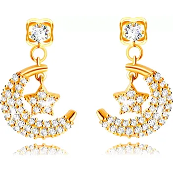 Náušnice Zlaté 14K náušnice - půlměsíc s hvězdičkou, ozdobené drobnými čirými zirkony, puzetky