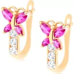 Náušnice ve žlutém 14K zlatě - blýskavý zirkonový motýlek růžové barvy