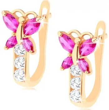 Náušnice Náušnice ve žlutém 14K zlatě - blýskavý zirkonový motýlek růžové barvy