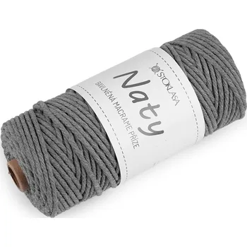 Příze Bavlněná pletací příze macrame Naty Ø3 mm rozčesávací, střední, 20 šedá