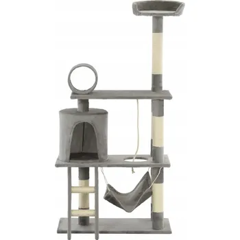 Škrabadlo pro kočky s domečkem a houpací sítí, šedé, 140 cm x 70 cm x 35 cm