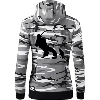 Dámská mikina Rybář tahající rybu - Dámská mikina trendy zipper s kapucí - XL ( Šedý maskáč )