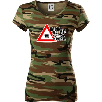 Dámské tričko Bacha na mě! Můj táta je kamioňák - Dámské maskáčové triko - XS ( Hnědý maskáč )