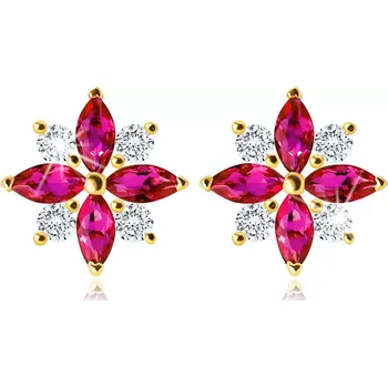 Náušnice Náušnice ze 14K zlata - květ s růžovočervenými a čirými zirkonovými okvětními lístky