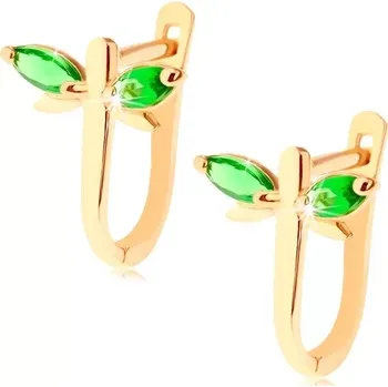 Náušnice Náušnice ve žlutém 14K zlatě - malá blýskavá vážka se zelenými křídly