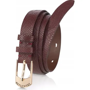 Opasek BETLEWSKI Kožený dámský pásek tenký úzký hadí hnědý zlatá spona