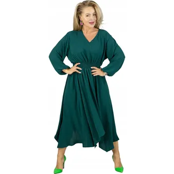 Dámské šaty Šaty midi ADELE – výstřih do V, elastický pas, dlouhý rukáv 46/48