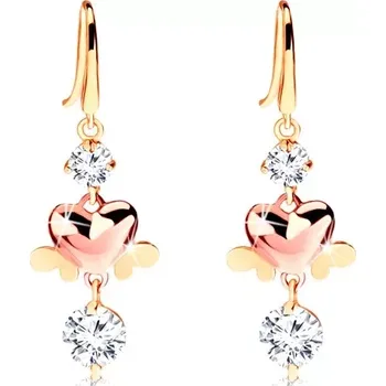 Náušnice Dvoubarevné náušnice ze 14K zlata - kulaté čiré zirkony, lesklá srdíčka