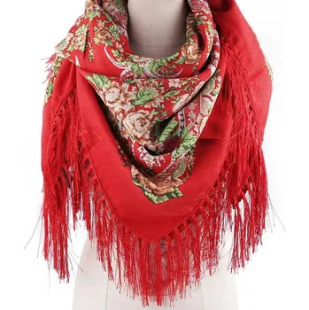 Šátek Šátek folklórní květy a třásněmi 105x105 cm - 3 červená