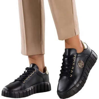 Dámské tenisky Dámské sportovní boty Černé KOŽENÉ Pohodlné na platformě Stabilní vel. 40