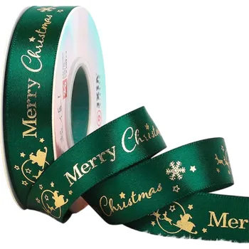 Balící papír Barevná vánoční dekorativní stuha 2 cm x 5 metrů s motivem saní, hvězd a nápisem Merry Christmas pro dárkové balení a výzdobu zelená
