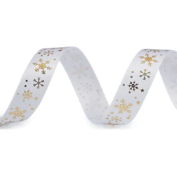 Vánoční saténová stuha vločky 15 mm, barva 3 bílá