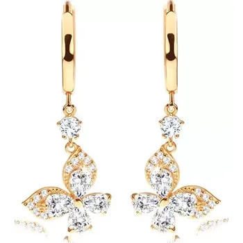 Náušnice Náušnice ze žlutého 14K zlata - lesklý kroužek, čirý zirkonový motýlek