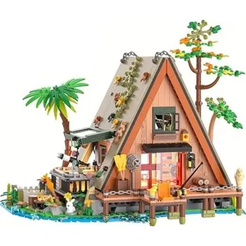 ostatní stavebnice Stavebnice Lesní trojúhelníková chata 24 x 21 x 21 cm Detailní model srubu u jezera s terasou a zahradou Kreativní dekorativní set s 1486 dílky