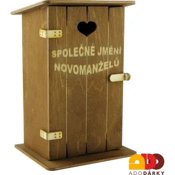 Pokladnička Pokladnička kadibudka "Společné jmění novomanželů" 11 x 10 x 18,5 cm (Pokladnička dárek ke svatbě)