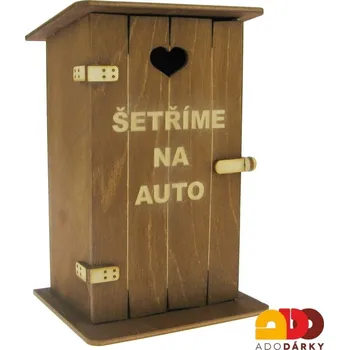 Pokladnička Pokladnička kadibudka "Šetříme na auto" 11 x 10 x 18,5 cm (Dřevěná pokladnička s vtipným nápisem)