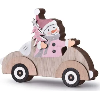 Vánoční dekorace Dekorace dřevo 150x115mm autíčko&sněhulák, přírodní, bílá, růžová