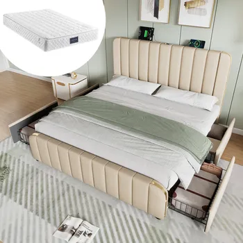 Postel Dřevěná manželská postel Arhatreya 160x200, béžové odstíny