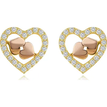 Náušnice Náušnice ze 14karátového kombinovaného zlata - srdíčka, čiré zirkony, puzetky