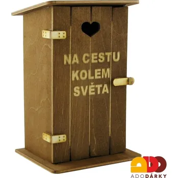 Pokladnička Pokladnička kadibudka "Na cestu kolem světa" 11 x 10 x 18,5 cm (Dřevěná pokladnička s vtipným nápisem)